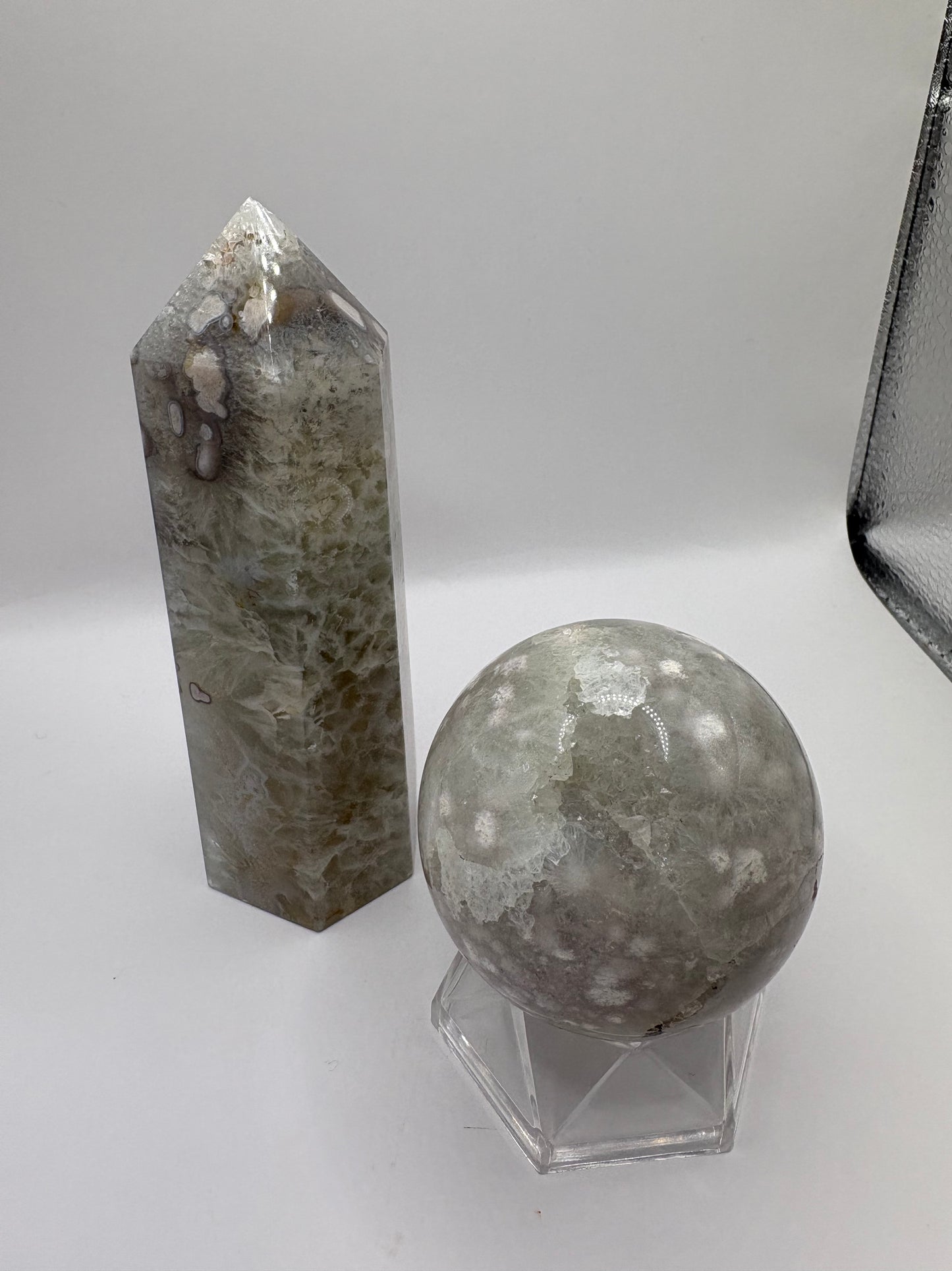 Green Flower Agate Tower/Green Flower Agate Sphere/ Green Flower Agate/ Crystals UK/ Healing Crystals