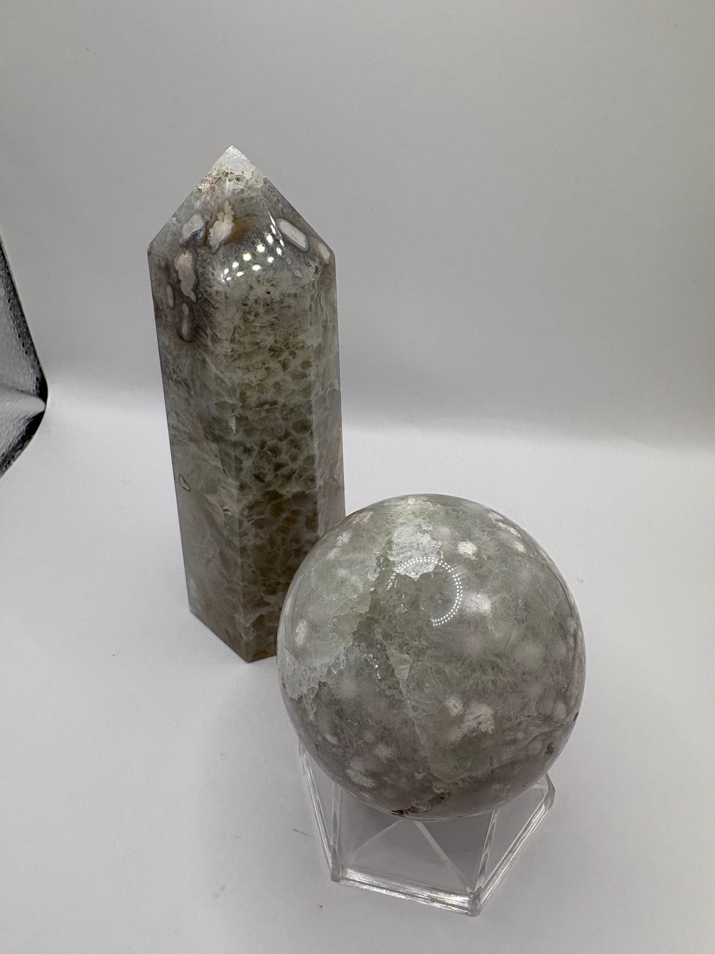 Green Flower Agate Tower/Green Flower Agate Sphere/ Green Flower Agate/ Crystals UK/ Healing Crystals