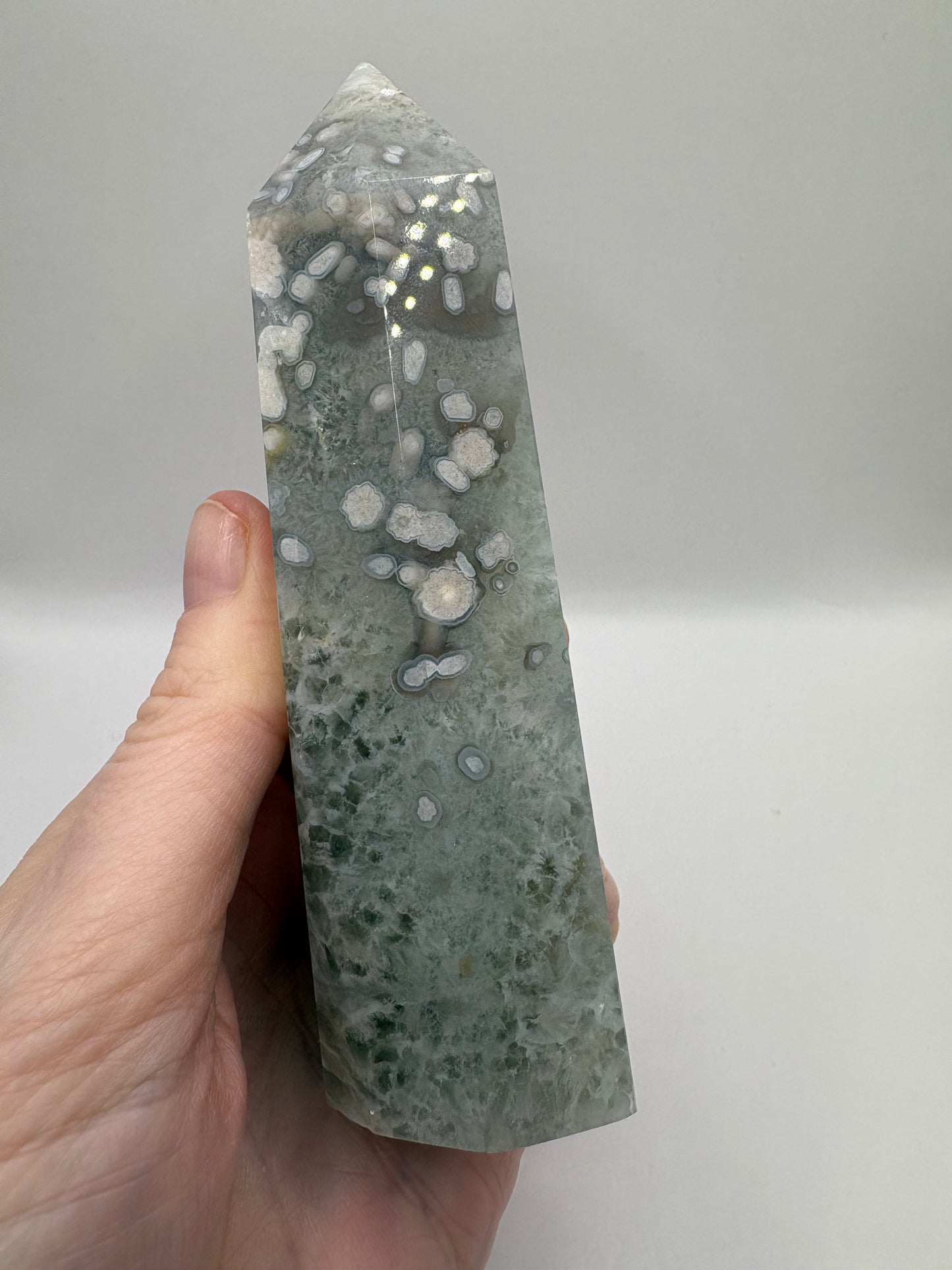 Green Flower Agate Tower/Green Flower Agate Sphere/ Green Flower Agate/ Crystals UK/ Healing Crystals