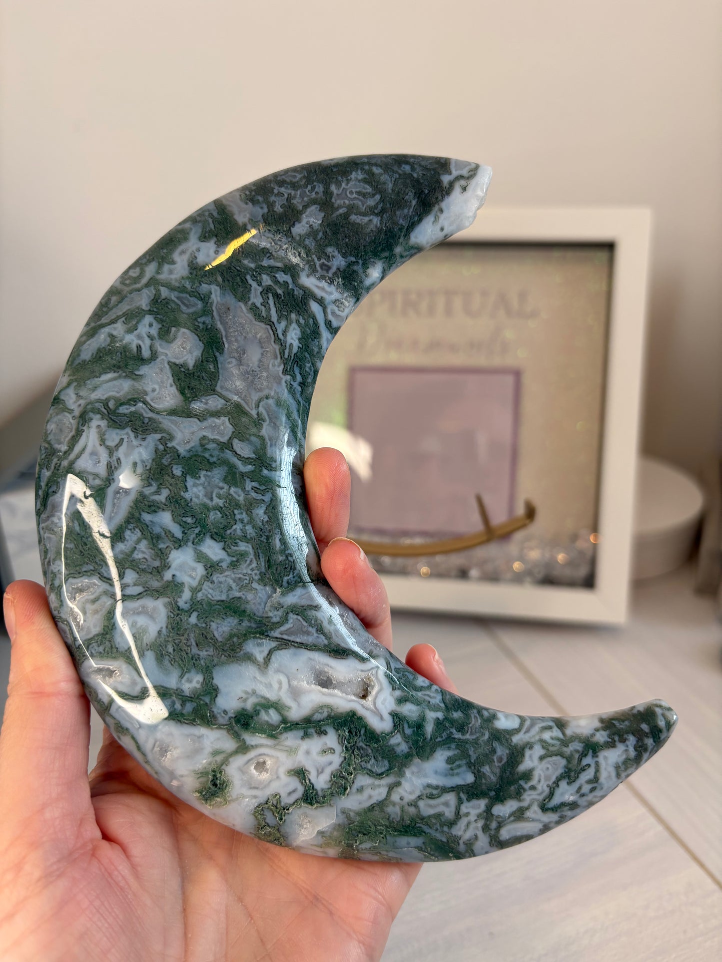 Genuine Moss Agate Moon Carvings/ Moss Agate Crystal/ Moss Agate/ Healing Crystals/ Crystals UK