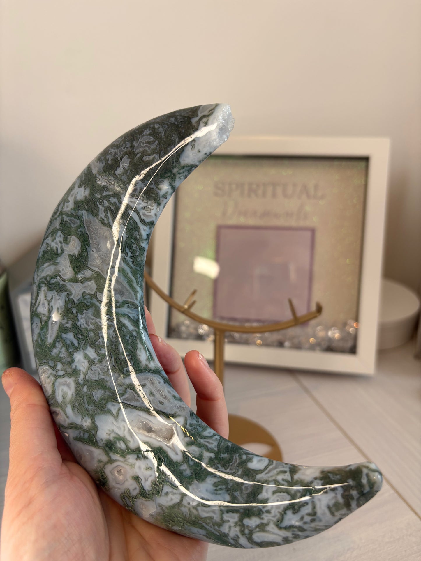 Genuine Moss Agate Moon Carvings/ Moss Agate Crystal/ Moss Agate/ Healing Crystals/ Crystals UK