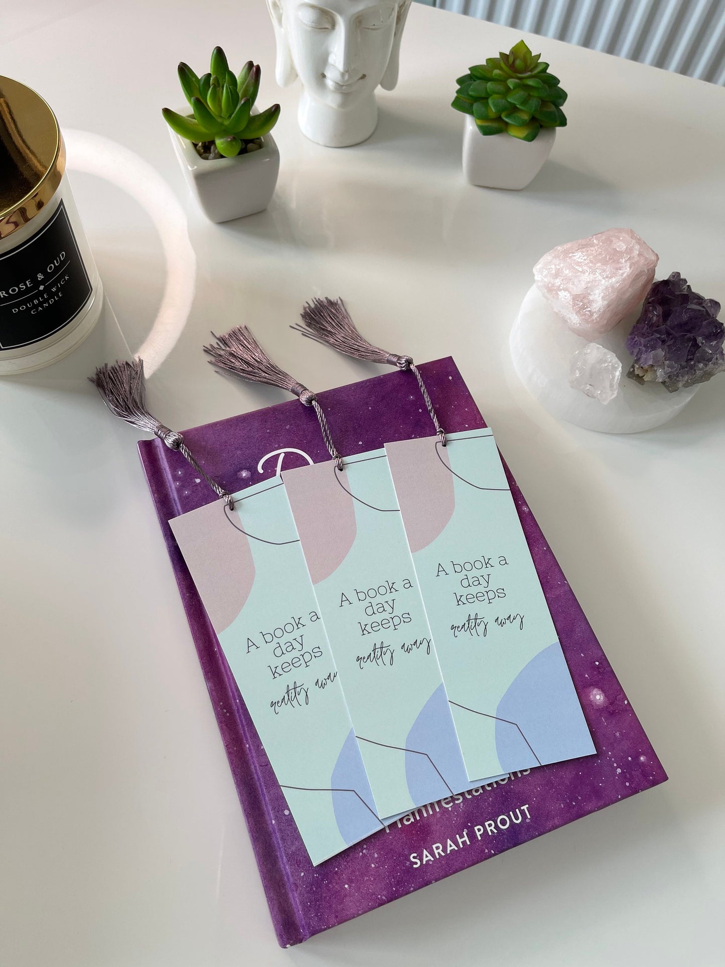 Quoted Bookmark with Tassel/ Patterned Bookmark/A book a day keeps reality away Bookmark/ Bookmark/Glossy/ Green, Blue and Pink