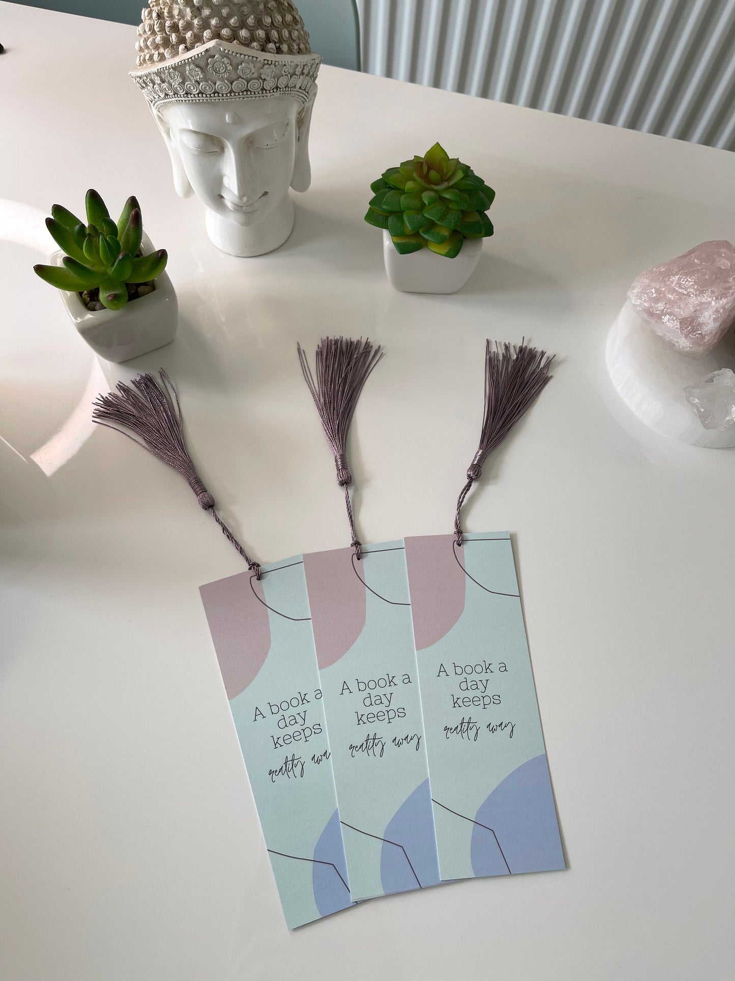 Quoted Bookmark with Tassel/ Patterned Bookmark/A book a day keeps reality away Bookmark/ Bookmark/Glossy/ Green, Blue and Pink