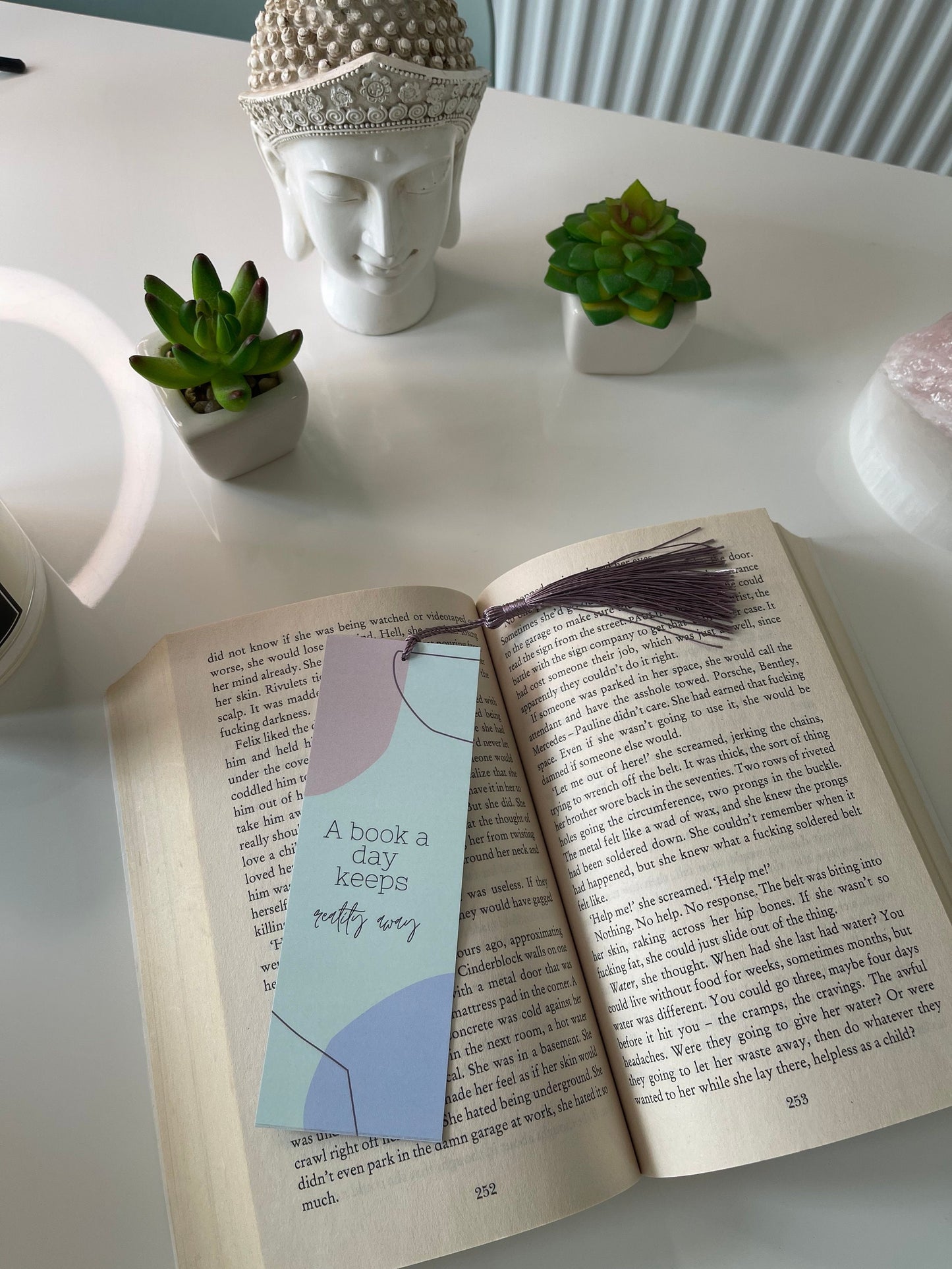 Quoted Bookmark with Tassel/ Patterned Bookmark/A book a day keeps reality away Bookmark/ Bookmark/Glossy/ Green, Blue and Pink