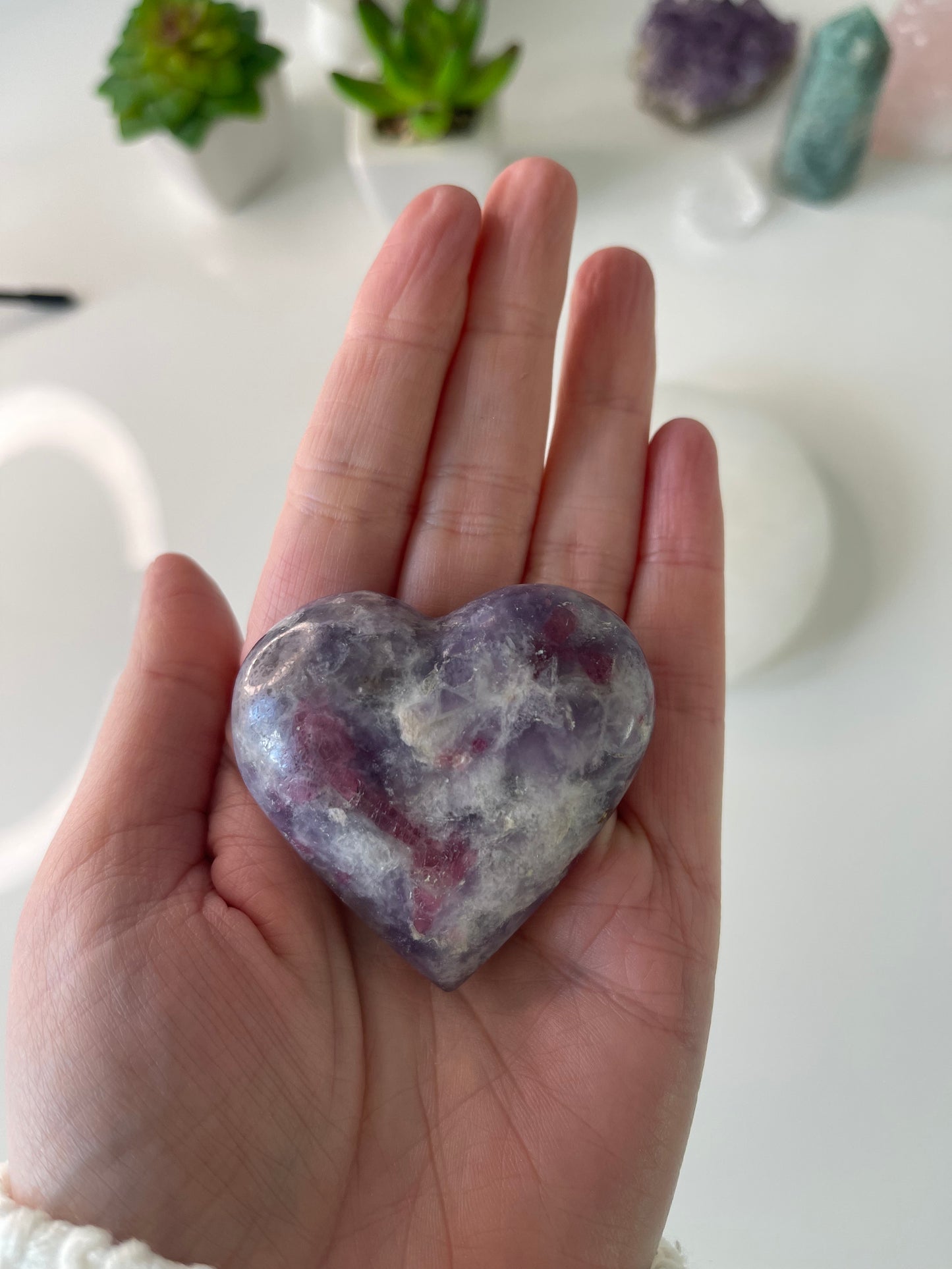 Lepidolite in Pink Tourmaline Quartz heart/ Crystal Heart Carving/ Crystals UK