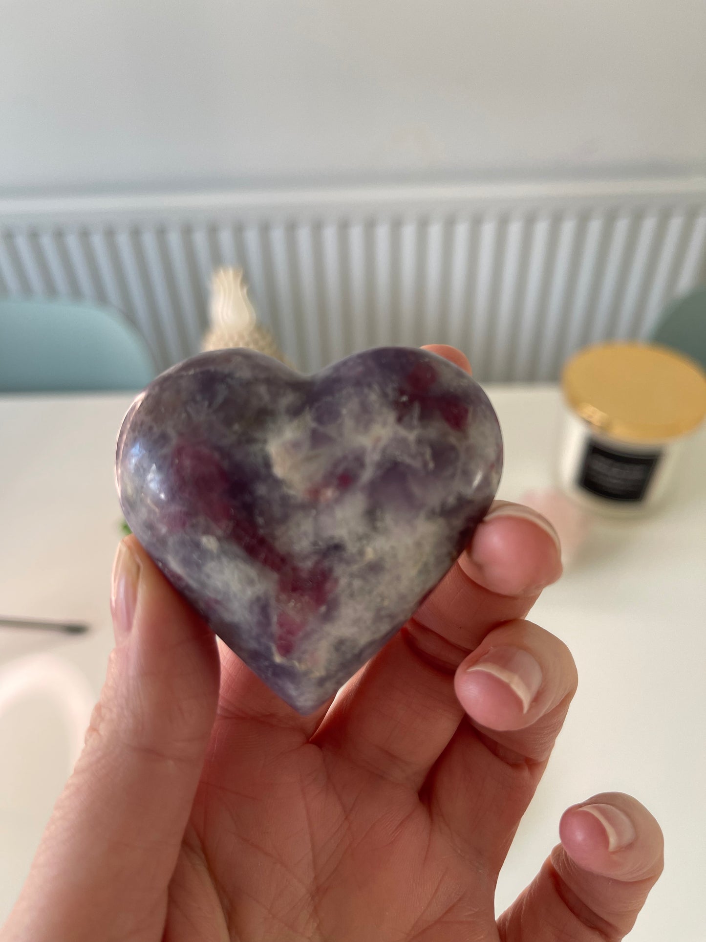 Lepidolite in Pink Tourmaline Quartz heart/ Crystal Heart Carving/ Crystals UK